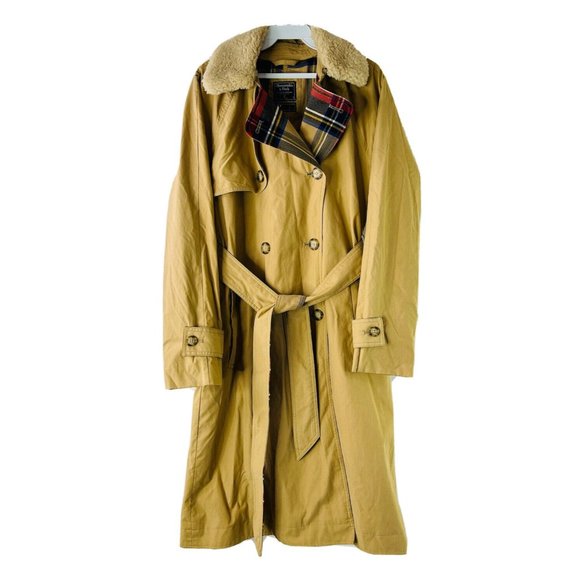 Abercrombie Fitch Rain Trench Coat Plaid Inner Sherpa Collar - Picture 1 of 9